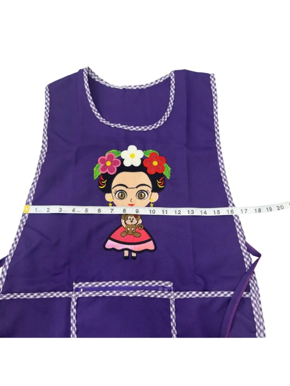 Apron Women Purple Embroidered Frida Design Front Pocket Gingham Trim One Size